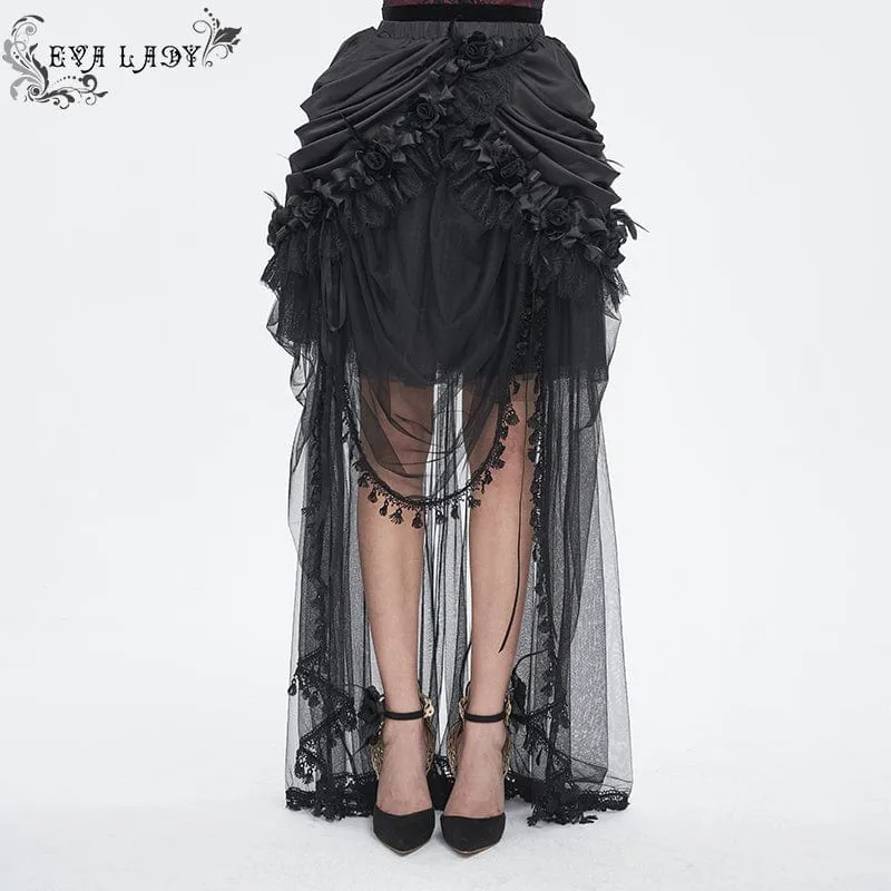 Gothic Dragstring Rose Mesh Splice Kjol för kvinnor