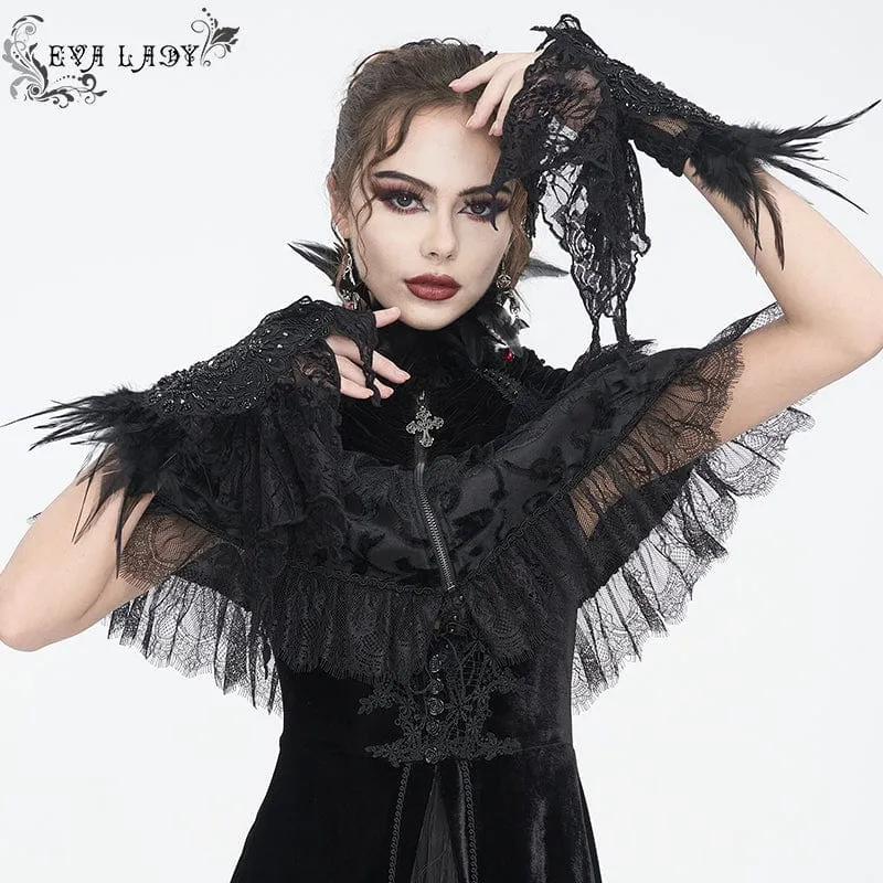 Gothic Irregular Feather Beaded Black Spetshandskar för kvinnor