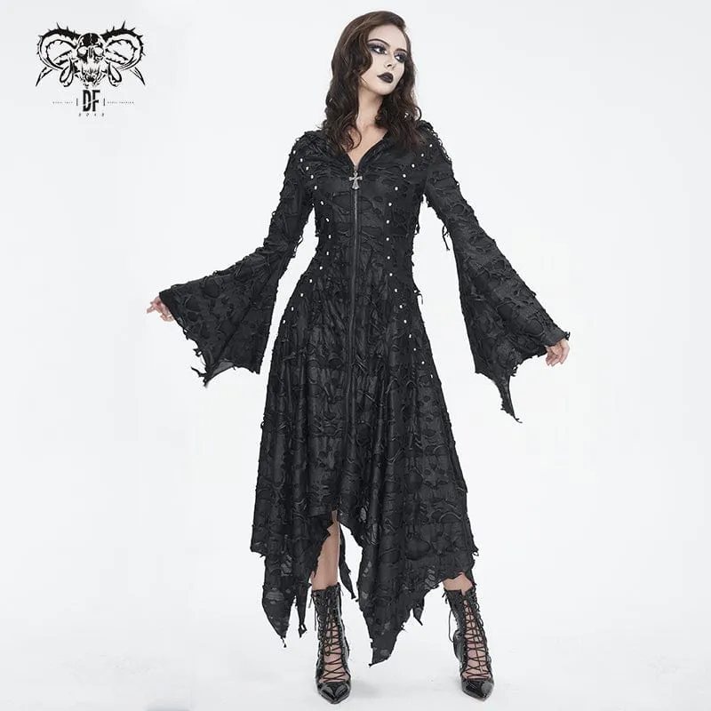 Gothic Irregular Ripped långärmad fållklänning för kvinnor med huva