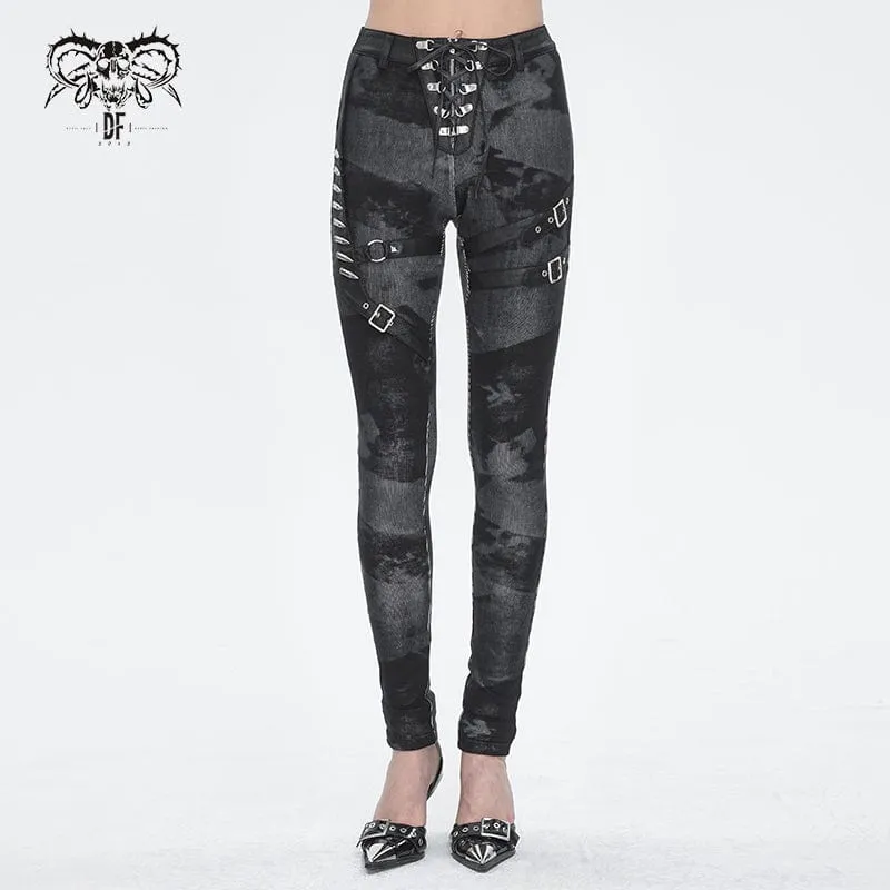 Kvinnors Punk Tie-dyed Spänne Lace-Up Leggings Svarta