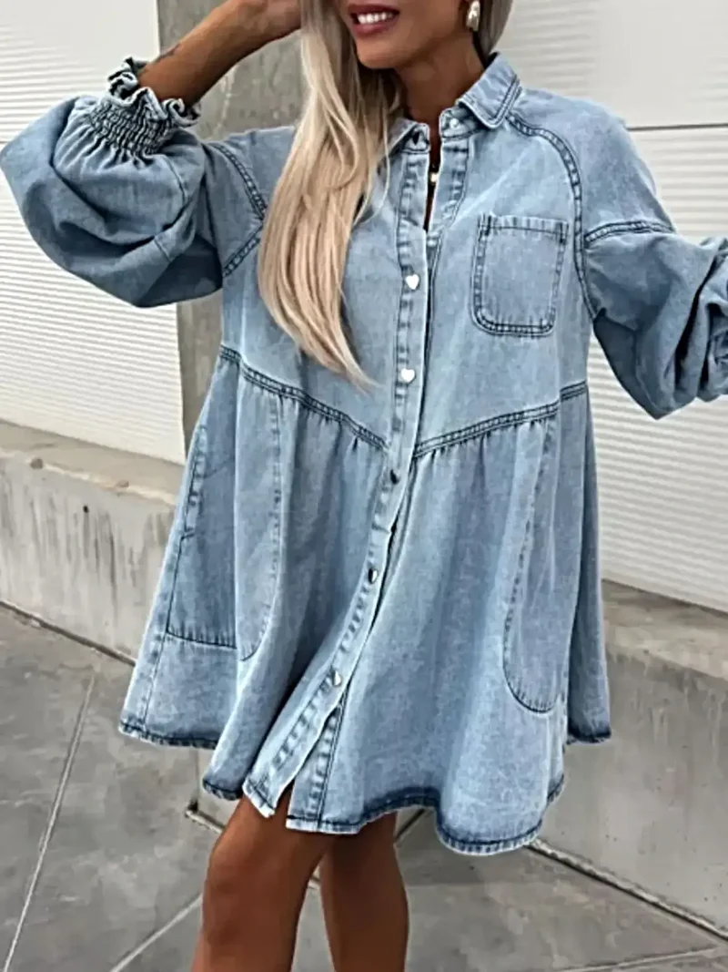 Chic överdimensionerad denimklänning med fickor – Snygg långärmad design med knappar