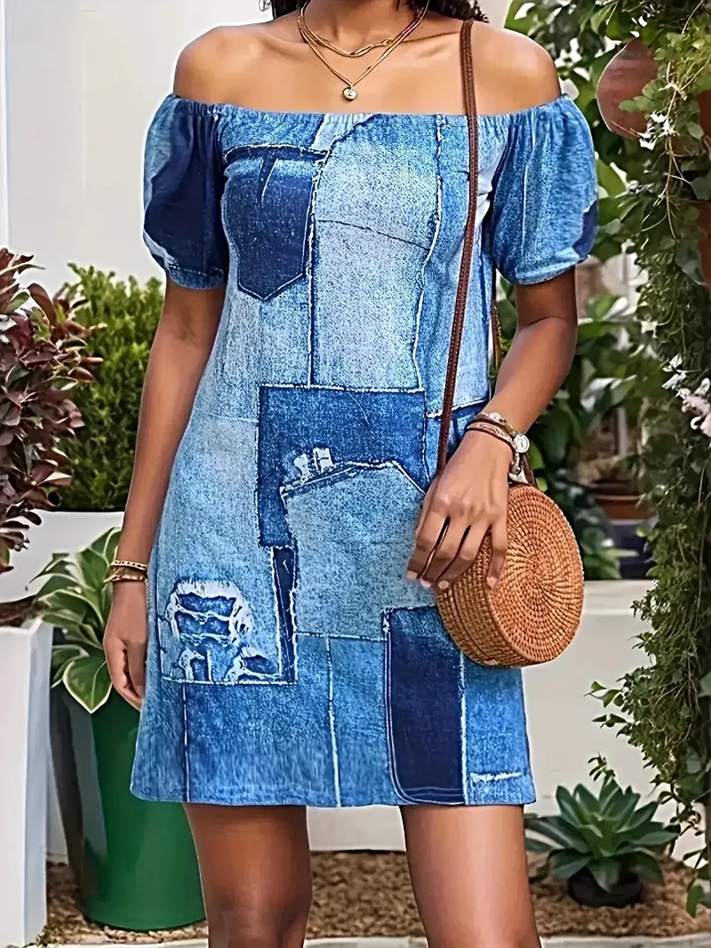 Elegant denimklänning med bara axlar - Klassisk minimodell med snygg lapptäcksdesign, 100 % polyester