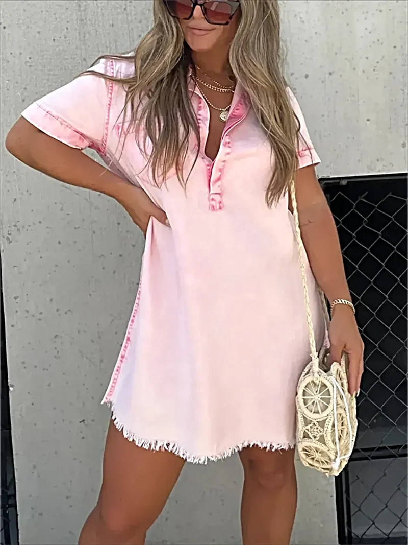 Casual Jeansklänningar Plus Size - Full Size Rå Fåll Kortärmad Modell med Knappdesign