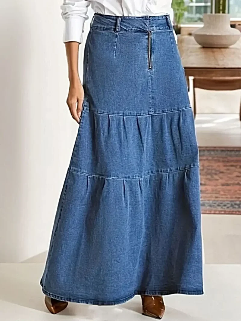 Lyxig maxikjol i denim med dragkedja och rynkad design