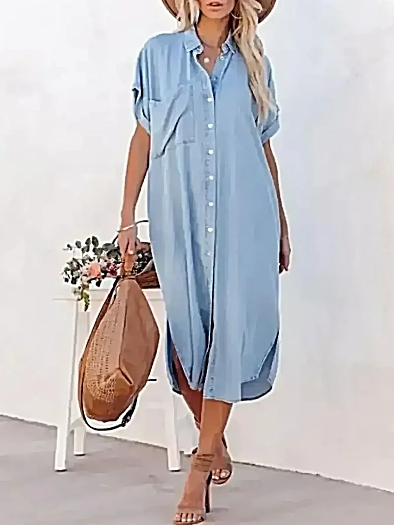 Elegant midiklänning i denim med knappar - 100 % polyester, skräddarsydd passform, maskintvättbar
