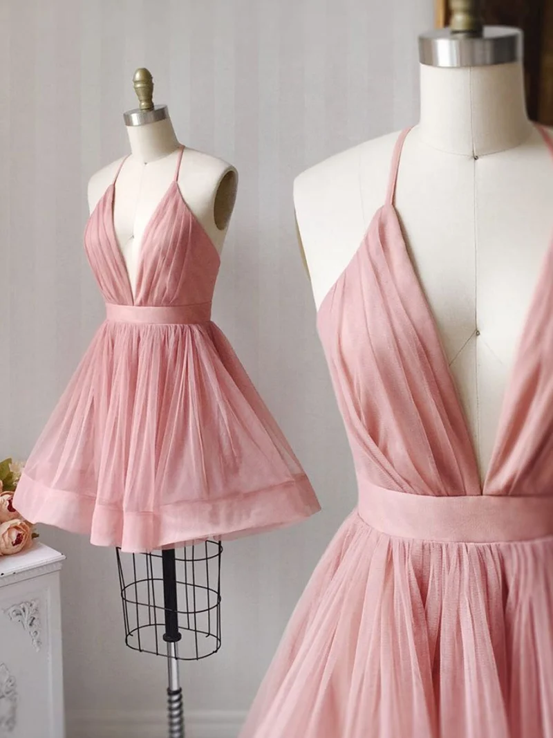 Elegant V-ringad kort rosa/lila balklänning, snygg balklänning för homecoming och examen