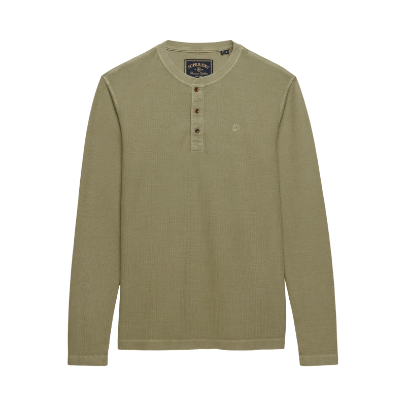 Waffle Long Sleeve Henley Top - Light Khaki Green