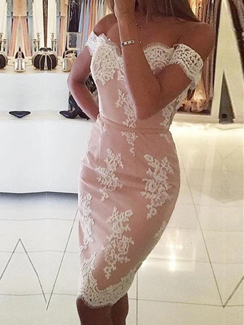 Off Shoulder Sjöjungfru Rosa Spets Korta Balklänningar För Festliga Kvällskläder