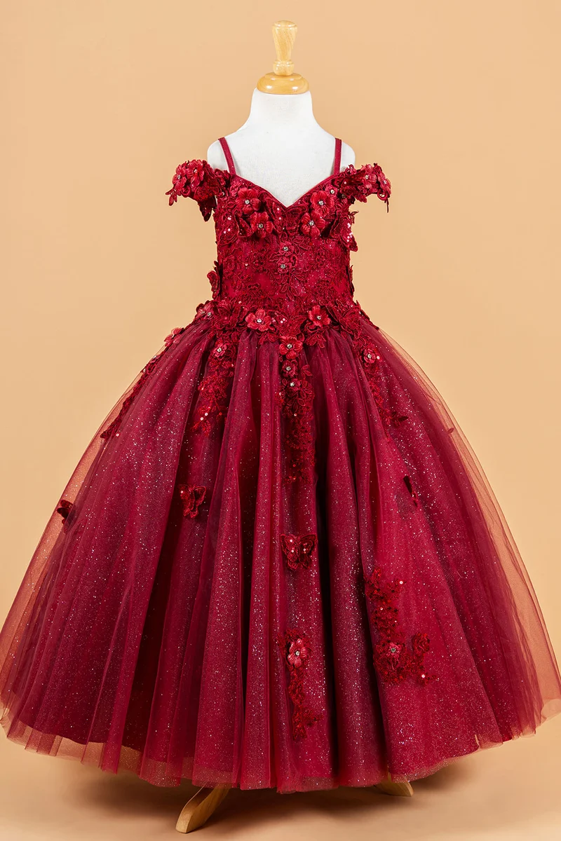 Butterfly 3D Flower V-ringning Kids Mini Quince Dress från Elizabeth K - GK117