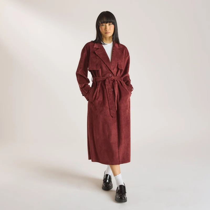 Trench Coat i Suedette - Vinröd