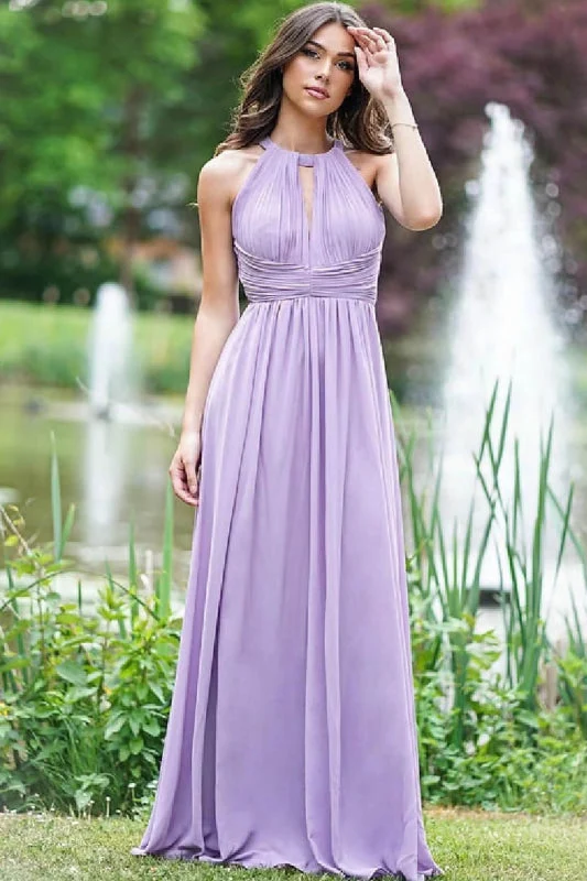 Elegant lila halterneck-balklänning med a-linjeform: Ärmlös, öppen rygg, elegant